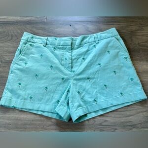 British Khaki Teal Shorts with Embroidered Palm Trees Stitching Size 12